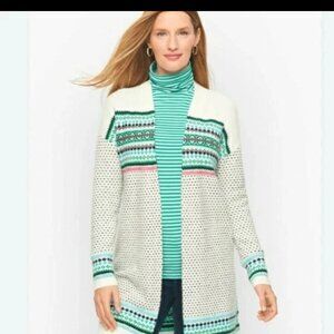 Talbots XS Breton Fair Isle Open Front Cardigan Sweater Ivory Green Pink💚❄️$129